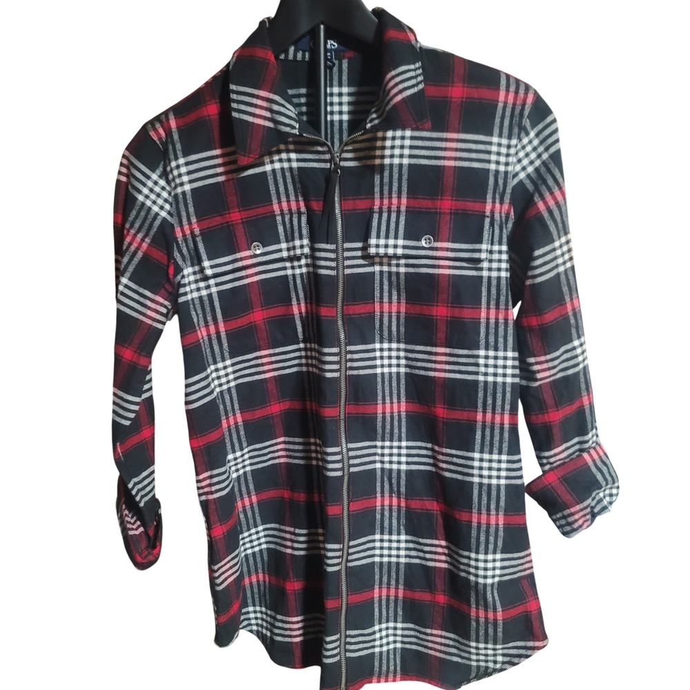 Chaps Womens Plaid Zip Front Flannel Shirt Jacket Black Red Sz Small Preppy Lux